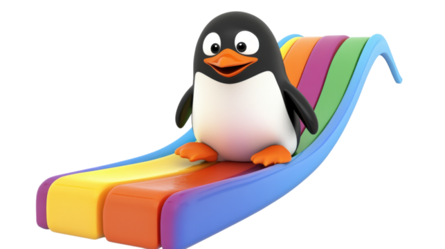 Cute penguin on colorful slide isolated on a transparent background
