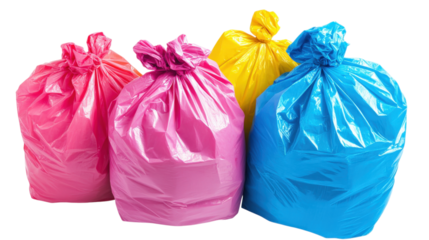 Four colorful trash bags isolated on a transparent background