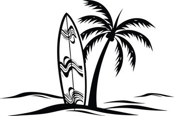 Surfboard and palm tree silhouette on a beach evoke a serene tropical vibe