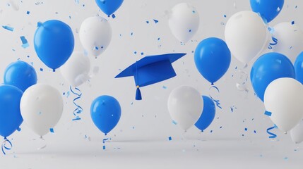 Graduation cap flying with confetti and balloons