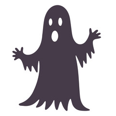 Silhouette of a spooky ghost with outstretched arms and a surprised expression on a white background
