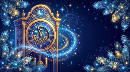 Ornate blue clock strikes midnight framed by pine branches and magic dust. Festive mysterious atmosphere for New Year greeting cards or holiday wallpapers.