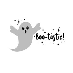 Illustration of a gray ghost with arms raised and the word boo tastic with stars around it on white