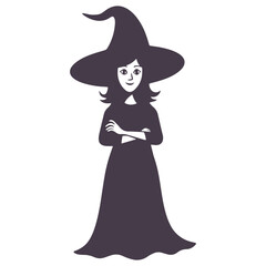 A cartoon witch with a pointy hat and arms crossed standing in a long robe isolated on white background