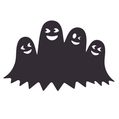 A group of four cartoon ghosts with smiling faces in black silhouette on a white isolated background