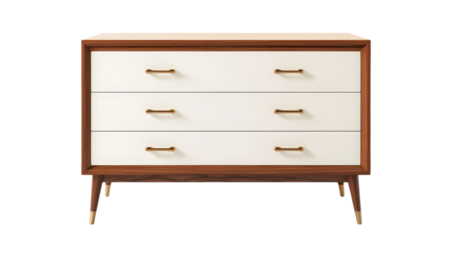Mid century dresser with white drawers isolated on a transparent background
