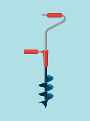 Manual Ice Auger Illustration | Hand-Powered Ice Drill Tool Vector on Blue Background