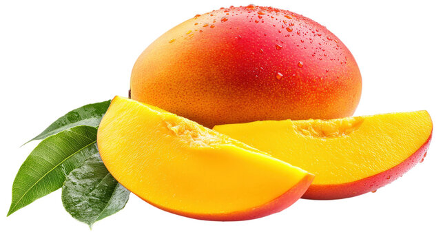 Ripe Mango Slices with Leaves isolated on a transparent background