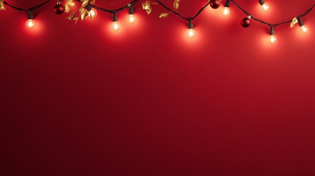 string lights on a dark red background. Decorative garland for celebrations, weddings, or party decorations with warm, glowing bulbs. Realistic fairy light chain. - Powered by Adobe