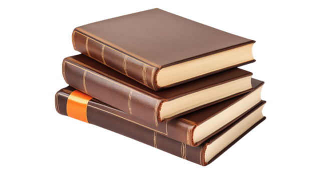 Stack of four leather bound books isolated on a transparent background