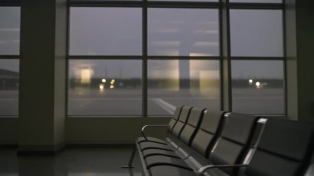 Empty airport waiting area with a row of seats facing large windows overlooking a tarmac at dusk.