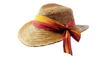 Straw hat with red and yellow ribbon isolated on a transparent background