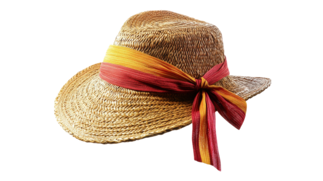 Straw hat with red and yellow ribbon isolated on a transparent background