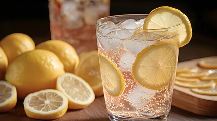 Refreshing lemonade with lemon slices and ice in a glass