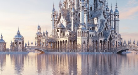 Obraz premium Enchanting Ice Palace Reflected in Serene Frozen Waters at Dawn.