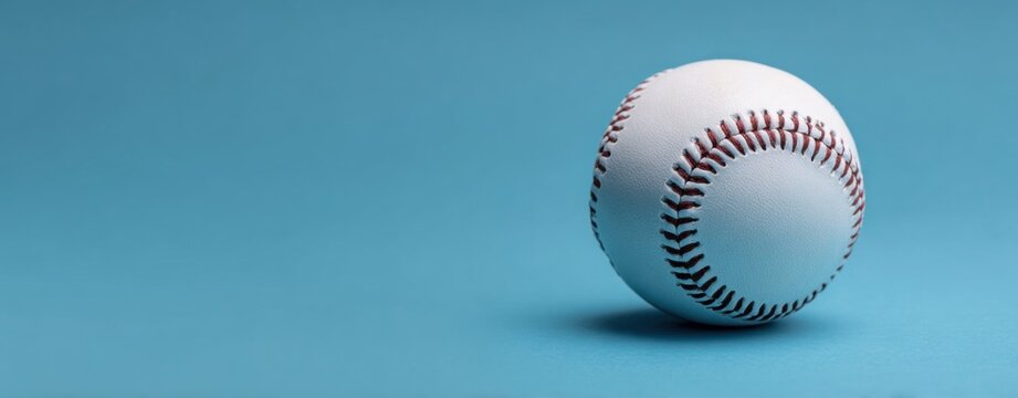 baseball with red stitching blue background copy space