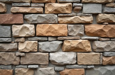 Fototapeta premium Stone wall texture shows masonry surface. Stone blocks have rough uneven texture. Building exterior wall is made of blocks. The wall design is old, aged, textured. Modern rustic wall.
