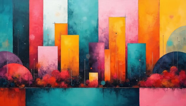 Abstract colorful modern cityscape illustration. Painted artistic city view with geometric shapes and vibrant colours. Digital art featuring urban design and creative painting style.