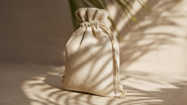 Neutral fabric drawstring pouch with rope tie, illuminated by dappled sunlight and plant shadows