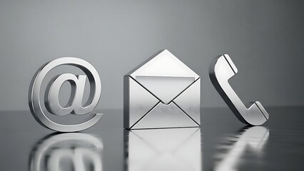Contact icons email mail and phone symbols on a reflective surface
