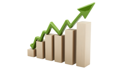3 D Bar Graph with Green Arrow isolated on a transparent background