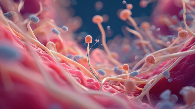 Microscopic view of cellular structures and filaments - Powered by Adobe