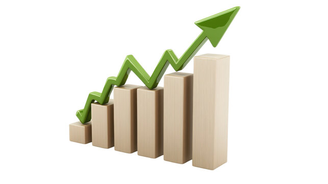 3 D Bar Graph with Green Arrow isolated on a transparent background