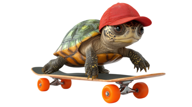 Baby turtle wearing red cap on skateboard isolated on a transparent background