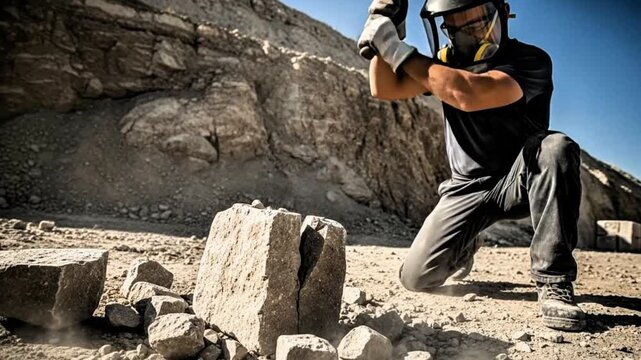 Video, traditional industry, illustration of a traditional stone crusher with safety measures, materials