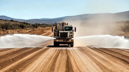 Video, industrial and mining, a water truck equipped with a water tank and spraying system to wet roads and work areas in mines for background and educational purposes