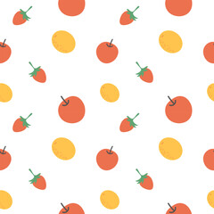 Seamless pattern of apples, strawberries, and lemons. Cute fruity background.