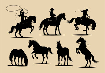 Cowboy and horse silhouettes vector set: dynamic western riders roping, bucking, and various standalone equine poses, ideal for theme design.