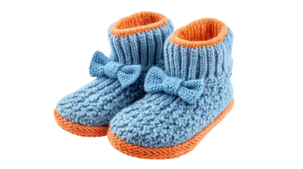 Blue knitted baby booties with orange trim isolated on a transparent background