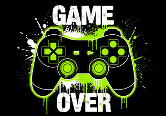 Game over graphic design featuring a stylized video game controller with neon green accents and grunge splatter effects, symbolizing the end of a digital challenge.