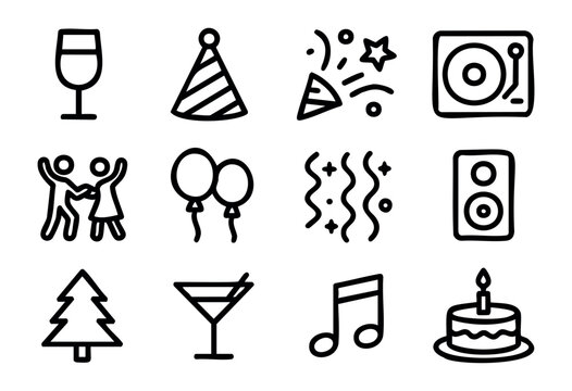 Minimalist black line icons for Christmas and general party celebration, featuring champagne, party hat, confetti, dancing, balloons, music, candy, wine, holiday calendar, and cake.