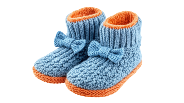 Blue knitted baby booties with orange trim isolated on a transparent background