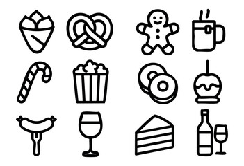 A diverse collection of outline icons featuring various food and drink items, including desserts, snacks, and beverages, rendered in a simple black line art style.