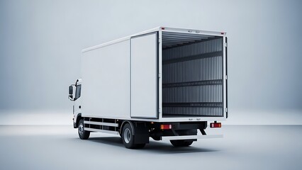 White delivery truck with open cargo door on background transport logistics vehicle