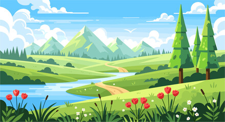 Fototapeta premium Vibrant natural landscape vector illustration with a winding river, rolling green hills, majestic mountains, and a clear blue sky with fluffy clouds. tranquil springtime vista for outdoor themes.