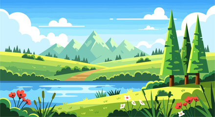Obraz premium Idyllic cartoon landscape with towering green mountains, lush rolling hills, a serene blue lake, and vibrant wildflowers under a clear sky. a peaceful nature scene.