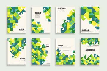Collection of vector bright covers with mosaic geometric shapes. Modern business corporate placards, brochures, banners, backgrounds, cards. Presentation template