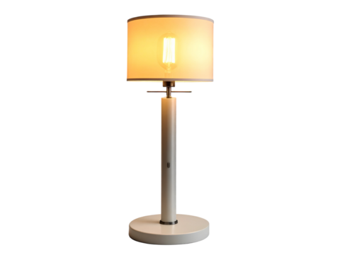Clean white modern floor lamp with glowing vintage edison bulb
