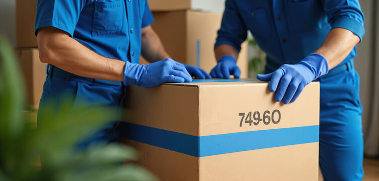 Fototapeta Two professional movers in blue uniform work together carefully. Pack brown cardboard box with blue tape. Men wear protective gloves, organize household items for client relocation. Team prepares