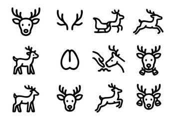 Obraz premium Deer & Reindeer line icons — various poses of wild deer, antlers, and Christmas reindeer symbols — stock vector.