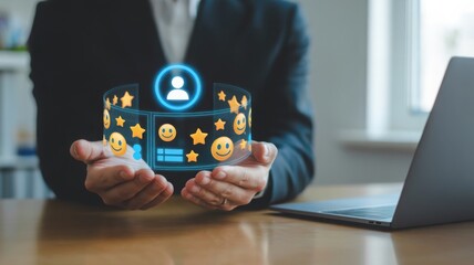 A person is holding a futuristic screen with different icons, like stars and smiley faces, possibly related to user profiles or feedback. The person in suit is holding hands