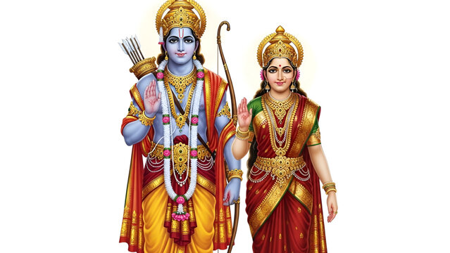 Divine Couple Of Lord Rama And Goddess Sita Standing Together Blessing The Viewers Beautiful Indian Mythology Hindu God Bhagwan Ramachandra And Devi Sita Art With White Background Digital
