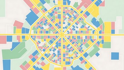 Colorful abstract aerial view of a city grid and buildings
