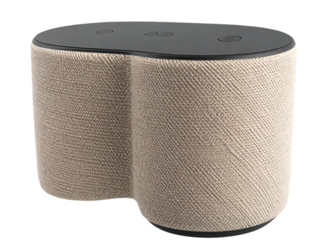Modern beige fabric smart speaker with minimalist top controls