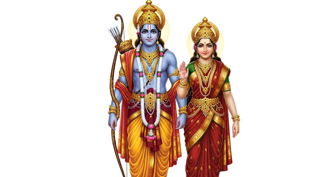 Divine Couple Of Lord Rama And Goddess Sita Standing Together Blessing The Viewers Beautiful Indian Mythology Hindu God Bhagwan Ramachandra And Devi Sita Art With White Background Digital
