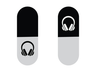 Black and White Capsule Logo with Headphones. Split Capsule Music Icon Illustration. Music Headset Icon in Simple Capsule Layout.